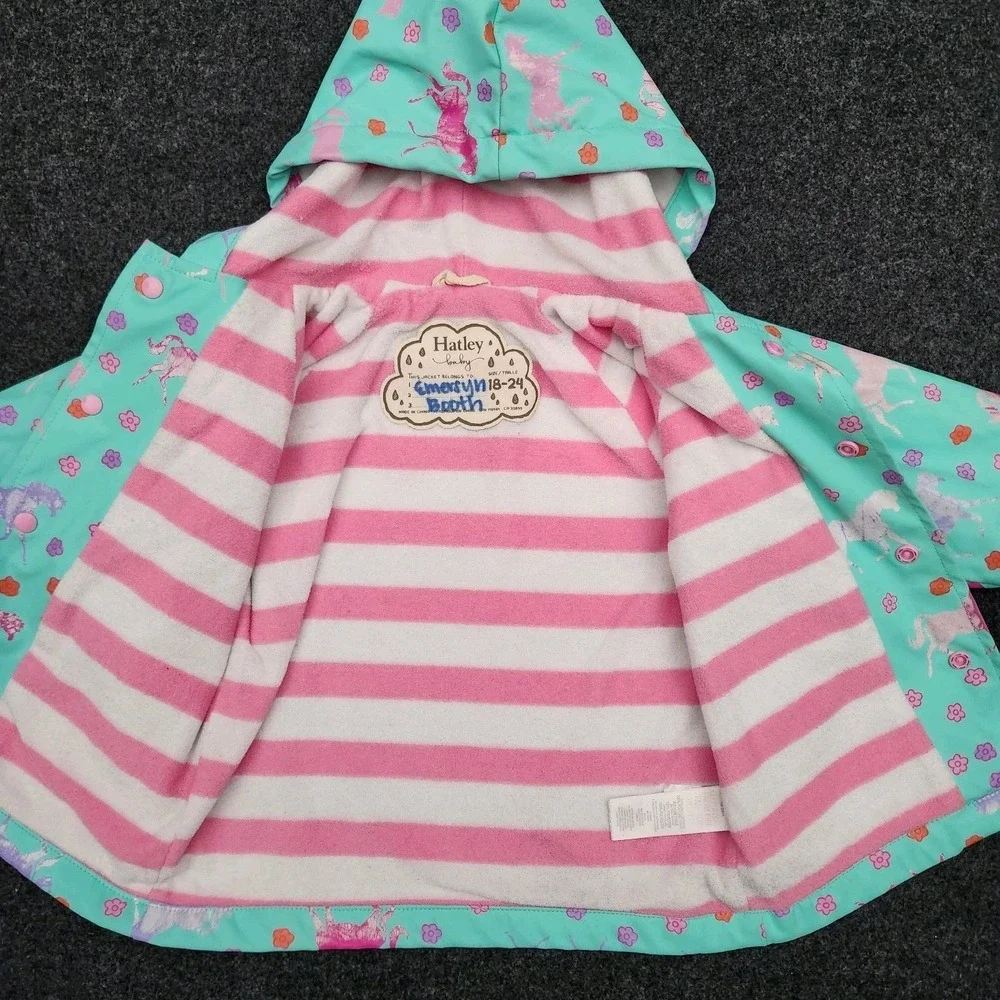 Hatley‎ Girls 18-24 Months Blue Horse Flower Snap Button-Up Rain Jacket Hooded
